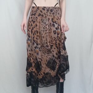 Vintage Silk Leopard Print & Black Lace Maxi Skirt